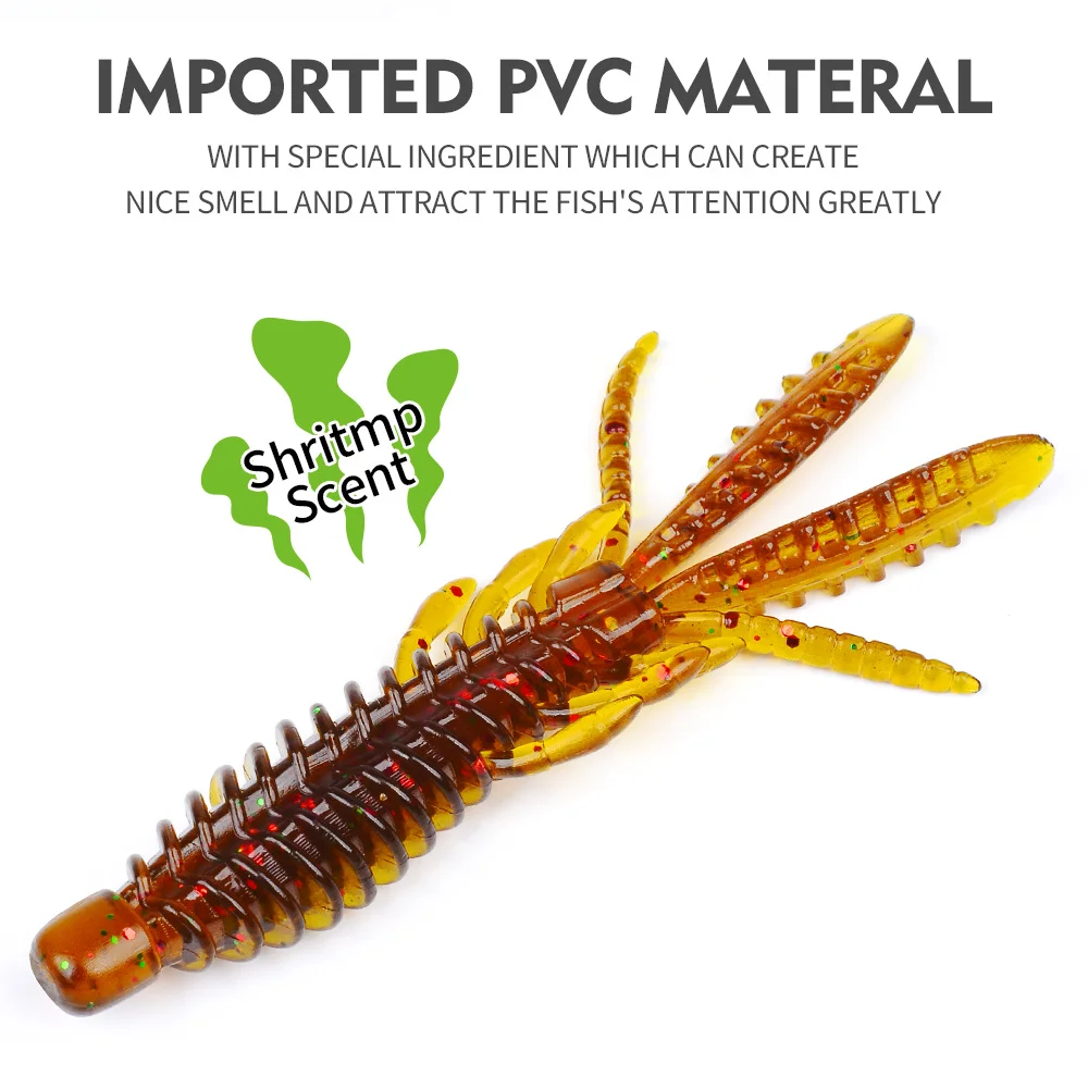 Brown-orange shrimp lure emphasizing imported PVC and shrimp scent
