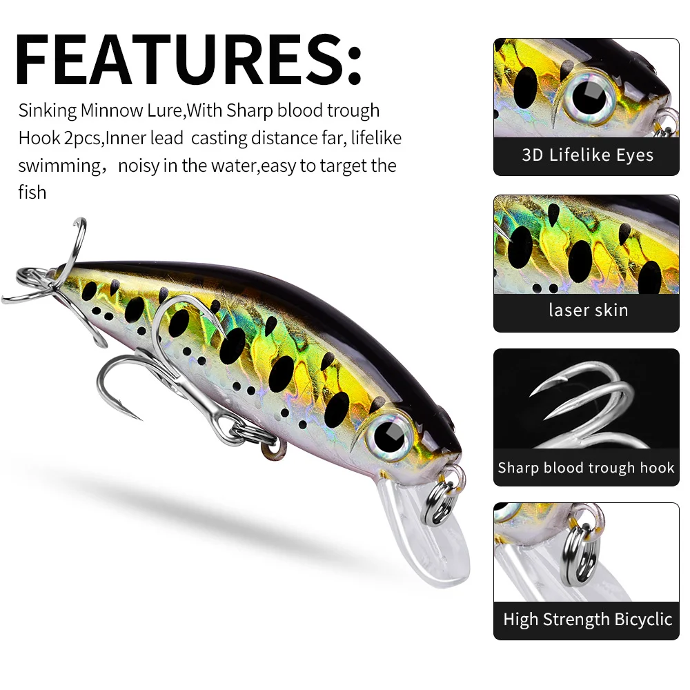 Key features of the lure including lifelike eyes, laser skin, sharp hooks, and inner lead.