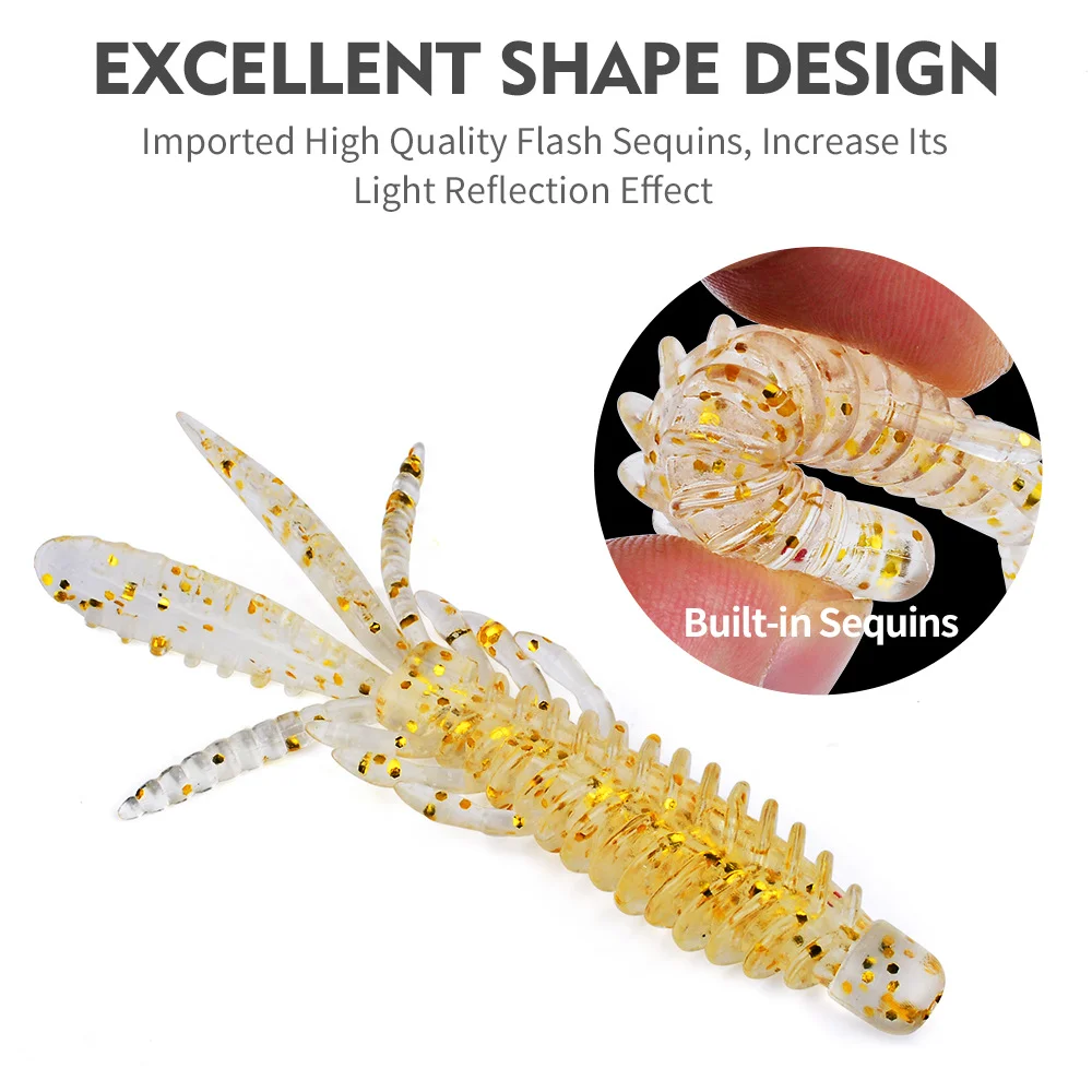 Gold shrimp lure with built-in sequins highlighting reflective design
