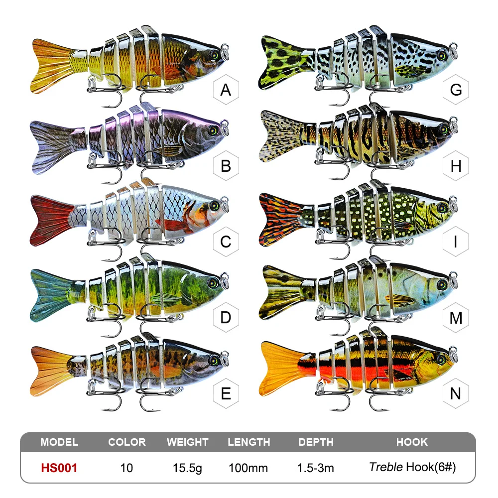 Side view of a single fishing lure with text showing size: 100mm/15.5g, #6 hooks. Model A to N