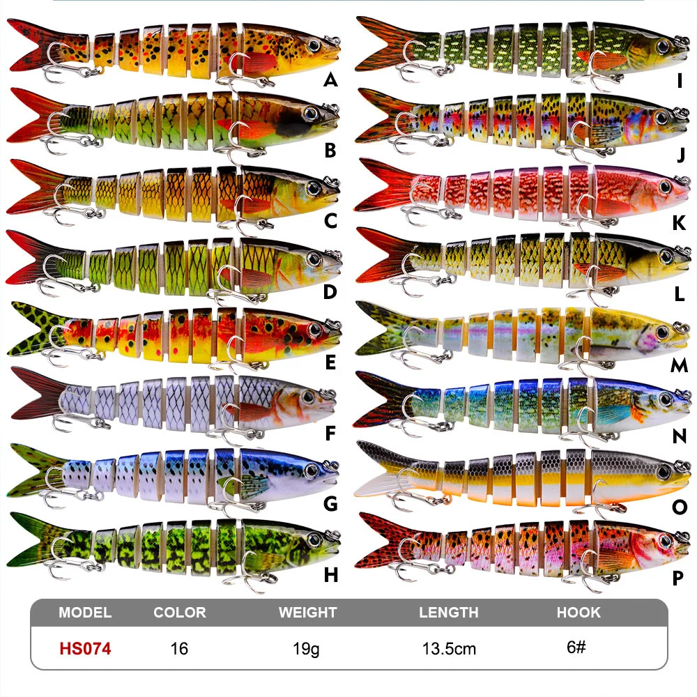 An image displaying different models of lures, featuring 16 various colors and designs. Each lure is labeled with its model, color, weight, length, and hook size. All lures are 13.5 cm long, weigh 19 g, and have a hook size of 6.