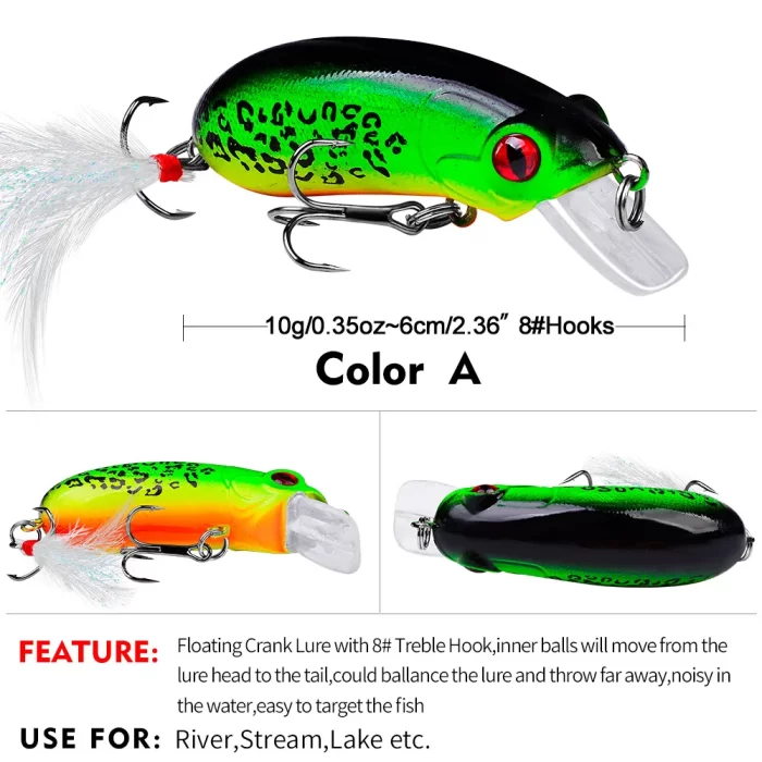 Floating crankbait lure with green, black, and yellow gradient design, 8# treble hook, perfect for river, lake, and stream fishing