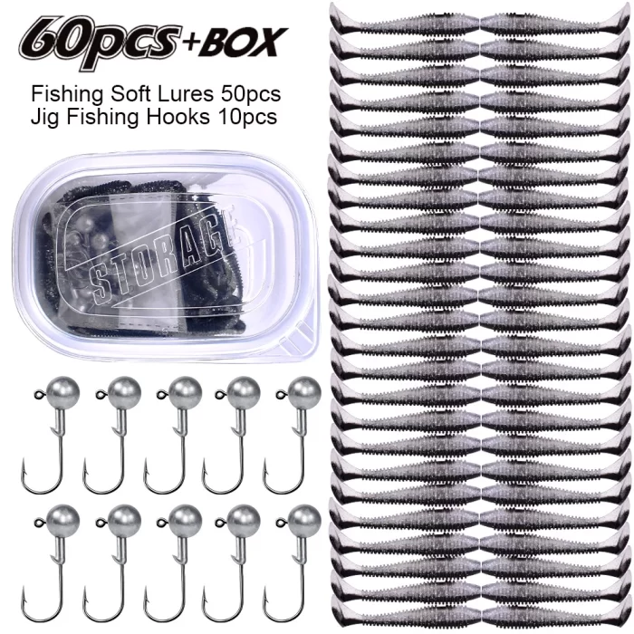 Soft Plastic Lure and Hook Kit - 60 Pieces with Storage Box, Perfect Fishing Gear Accessories - Image 3