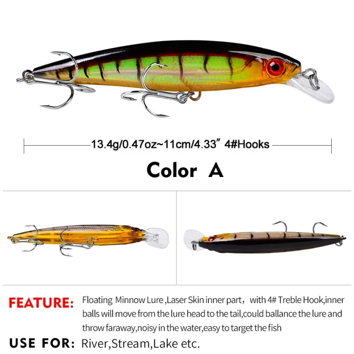Fishing lure Color A with green and orange pattern, measuring 11cm (4.33") and weighing 13.4g (0.47oz), equipped with sharp #4 treble hooks and laser skin inner part for added realism.