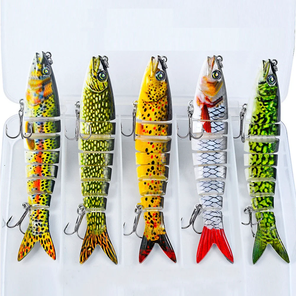 5-piece fishing lure set in foam packaging with color selection notice
