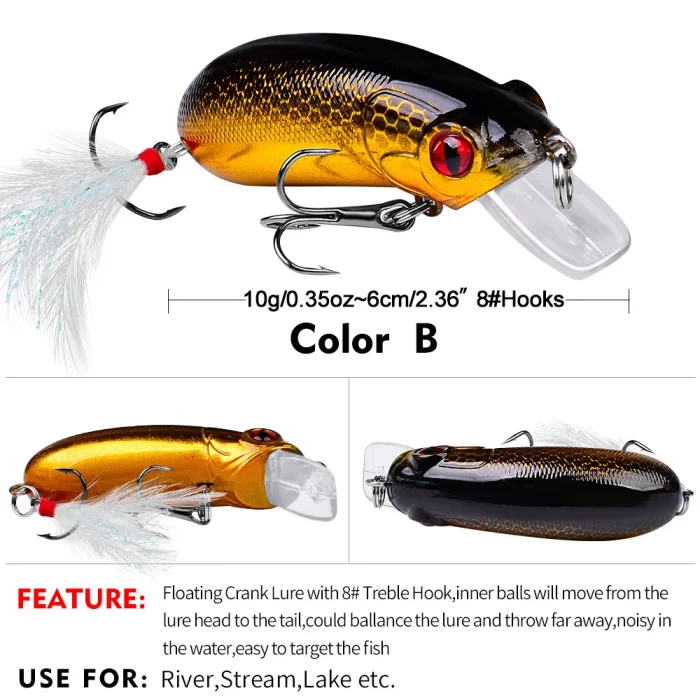 Brown and black floating crankbait lure with 8# treble hook, suitable for river and lake fishing