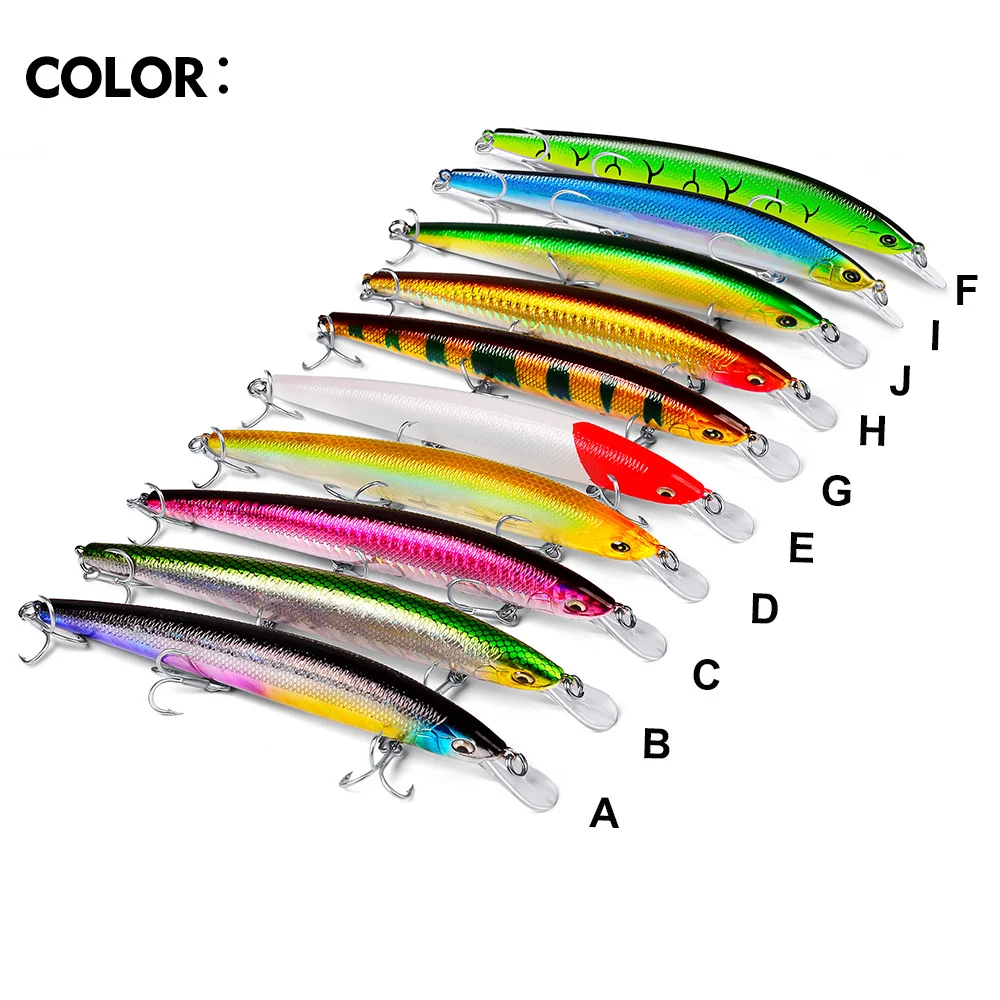 Ten color variants of floating minnow lures labeled A to J