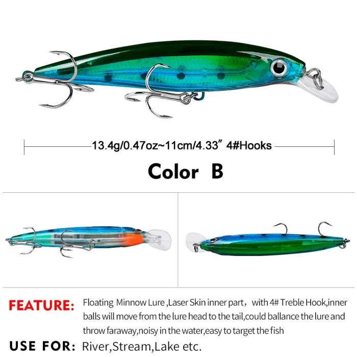 Color B fishing minnow lure with a vibrant green-blue finish, 11cm (4.33") long, 13.4g (0.47oz), featuring #4 treble hooks and a laser-skin reflective body for enhanced fish attraction.