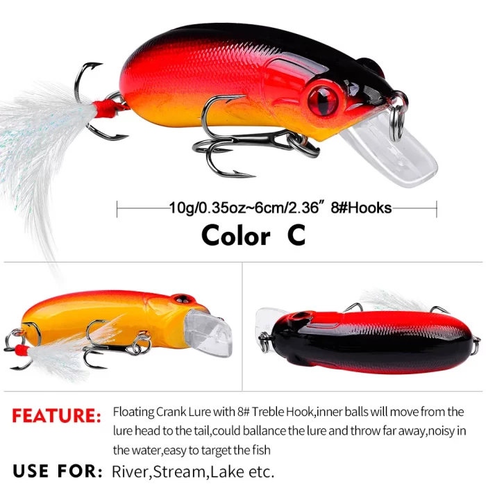 Red and yellow gradient floating crankbait lure with 8# treble hook, perfect for various fishing environments.