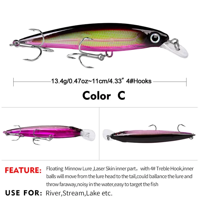 Color C floating minnow lure in a pink and black gradient design, 11cm (4.33") long and 13.4g (0.47oz), equipped with #4 treble hooks and a laser-skin reflective inner body.