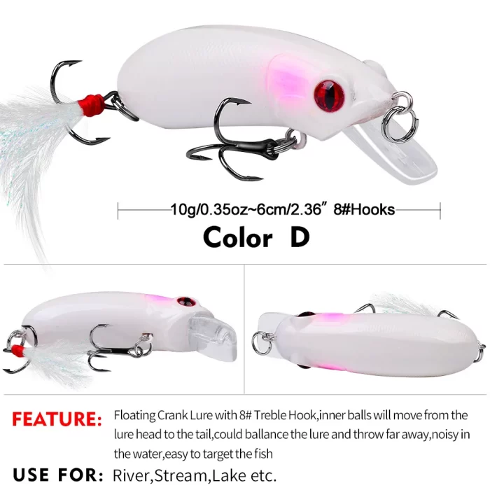 White and transparent floating crankbait lure with 8# treble hook, suitable for multiple fishing environments.
