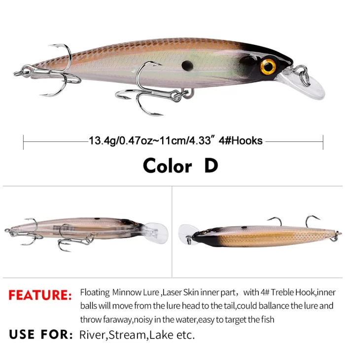 Color D floating minnow lure in a natural fish-tone design with golden and brown hues, 11cm (4.33") long and 13.4g (0.47oz), equipped with #4 treble hooks and laser-skin reflective finish.