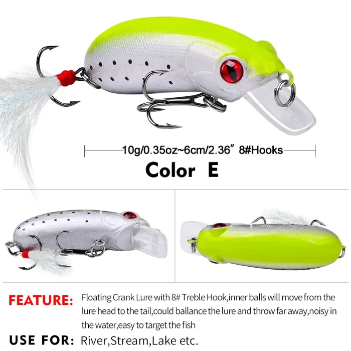 Silver and green highlighted floating crankbait lure with 8# treble hook, ideal for river and lake fishing.