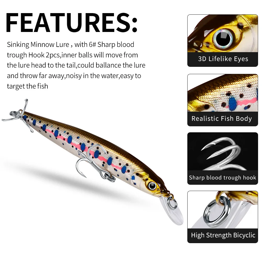 Feature highlights of the fishing lure showing 3D eyes, sharp hooks, and realistic texture