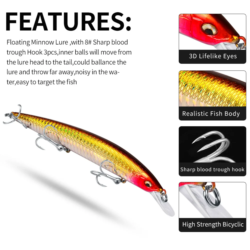 Floating minnow lure feature chart with sharp blood trough hook and inner ball