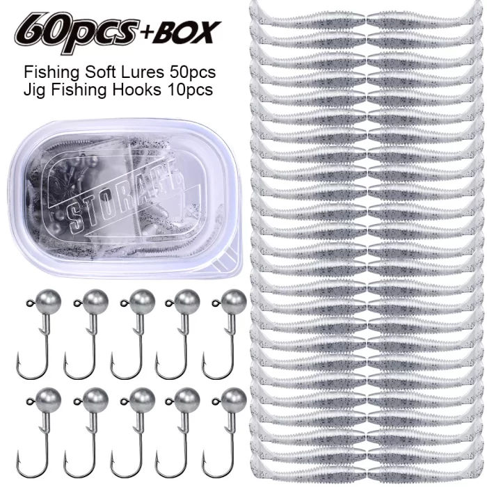 Soft Plastic Lure and Hook Kit - 60 Pieces with Storage Box, Perfect Fishing Gear Accessories - Image 7
