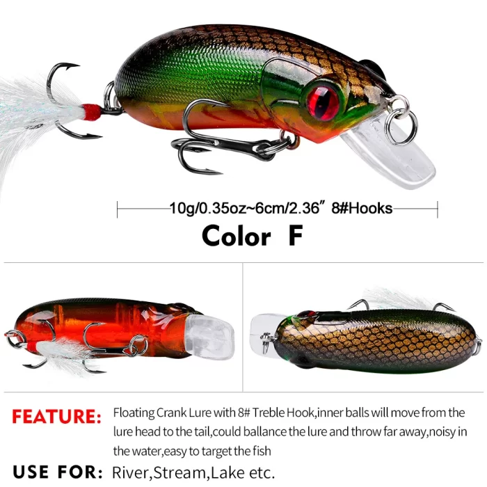Green and red floating crankbait lure with 8# treble hook, suitable for various fishing locations.