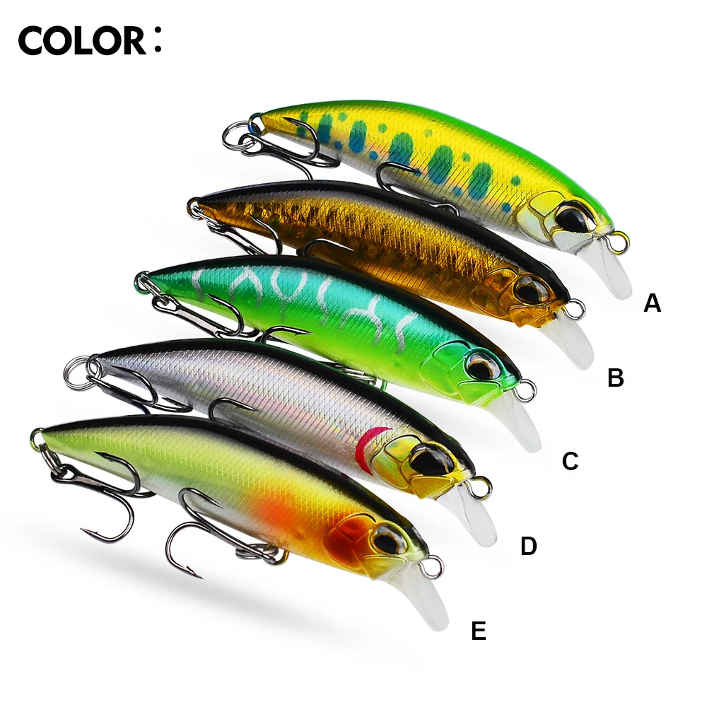Display of fishing lures in different colors, labeled A, B, C, D, E.