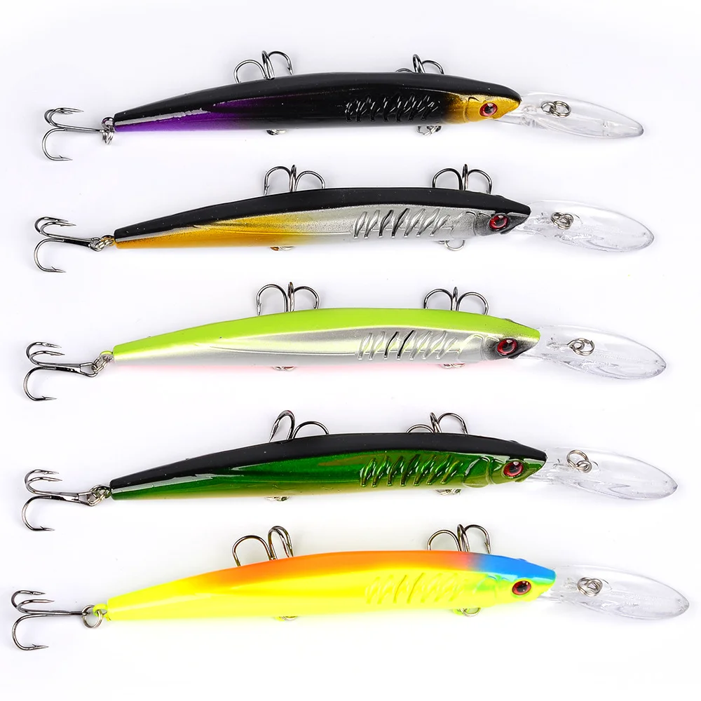 Assorted colors of minnow fishing lures displayed in a set of six