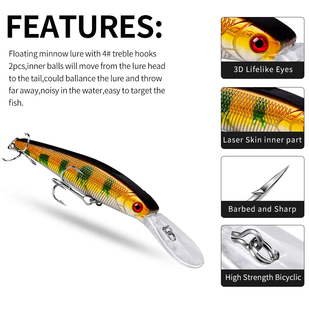 Detailed product feature image with callouts showing 3D eyes, hooks, and laser skin texture