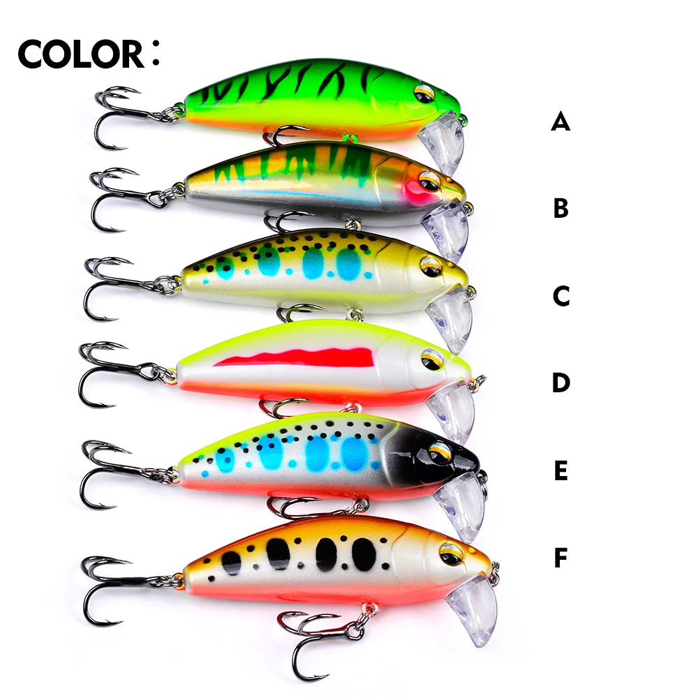  Six color variations of sinking minnow lures labeled A to F