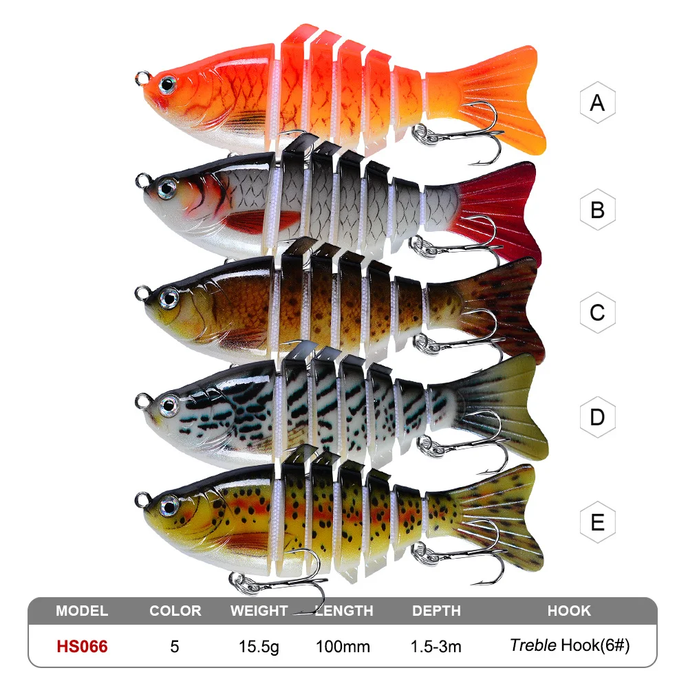 Five multi-jointed fishing lures with vibrant colors and 3D eyes