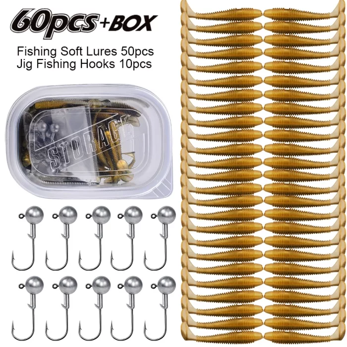 Soft Plastic Lure and Hook Kit - 60 Pieces with Storage Box, Perfect Fishing Gear Accessories - Image 8