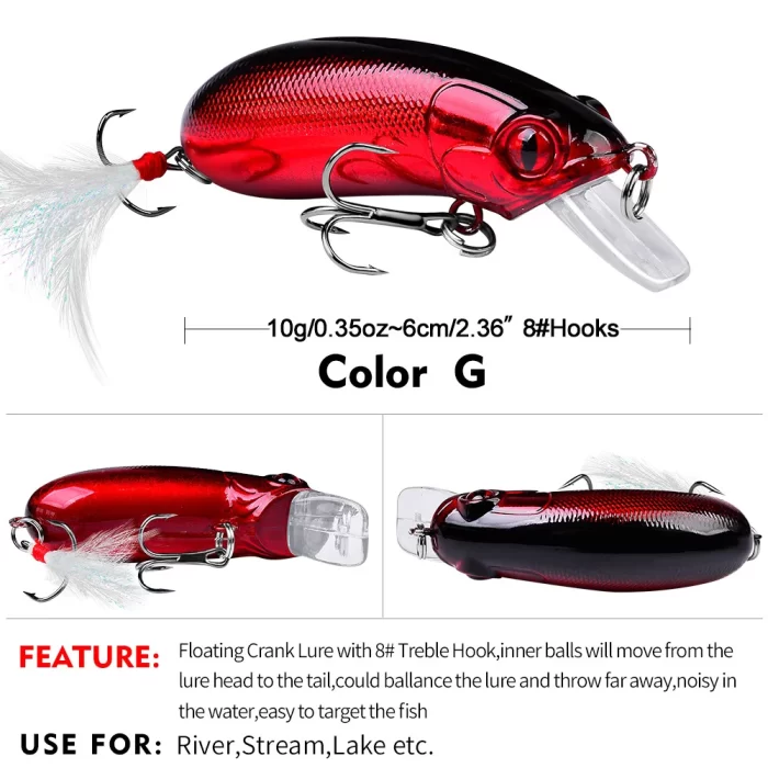 Deep red floating crankbait lure with 8# treble hook, ideal for river, lake, and stream fishing.