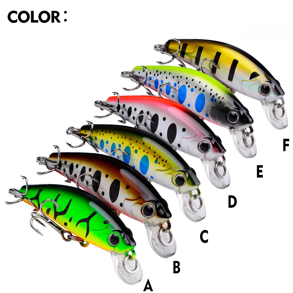Six color variants of PROBEROS sinking minnow lure: green, pink, blue, silver, golden, and black-striped