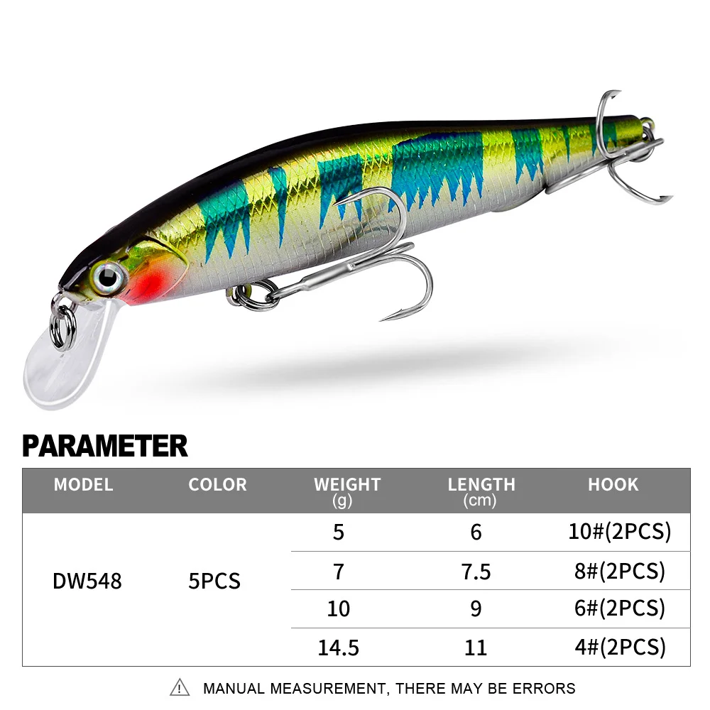 Product specification chart showing lure model DW548 with size, weight, hook, and color info.