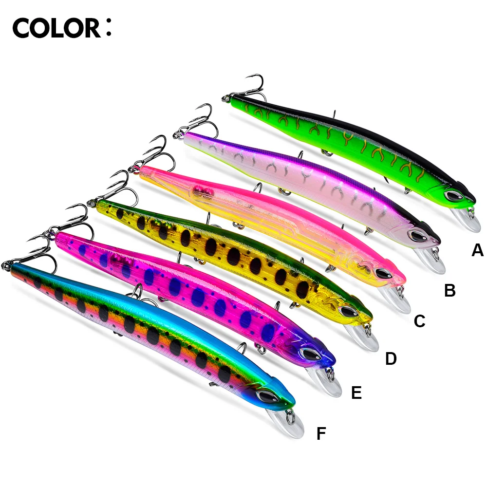 Six color variants of the PROBEROS Blood Groove Minnow Lure labeled A to F for selection reference.
