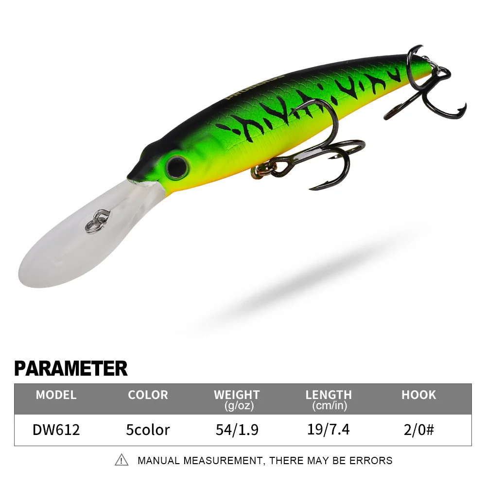 Side profile of the DW612 lure showing vivid green-yellow paint job and dual treble hook setup.