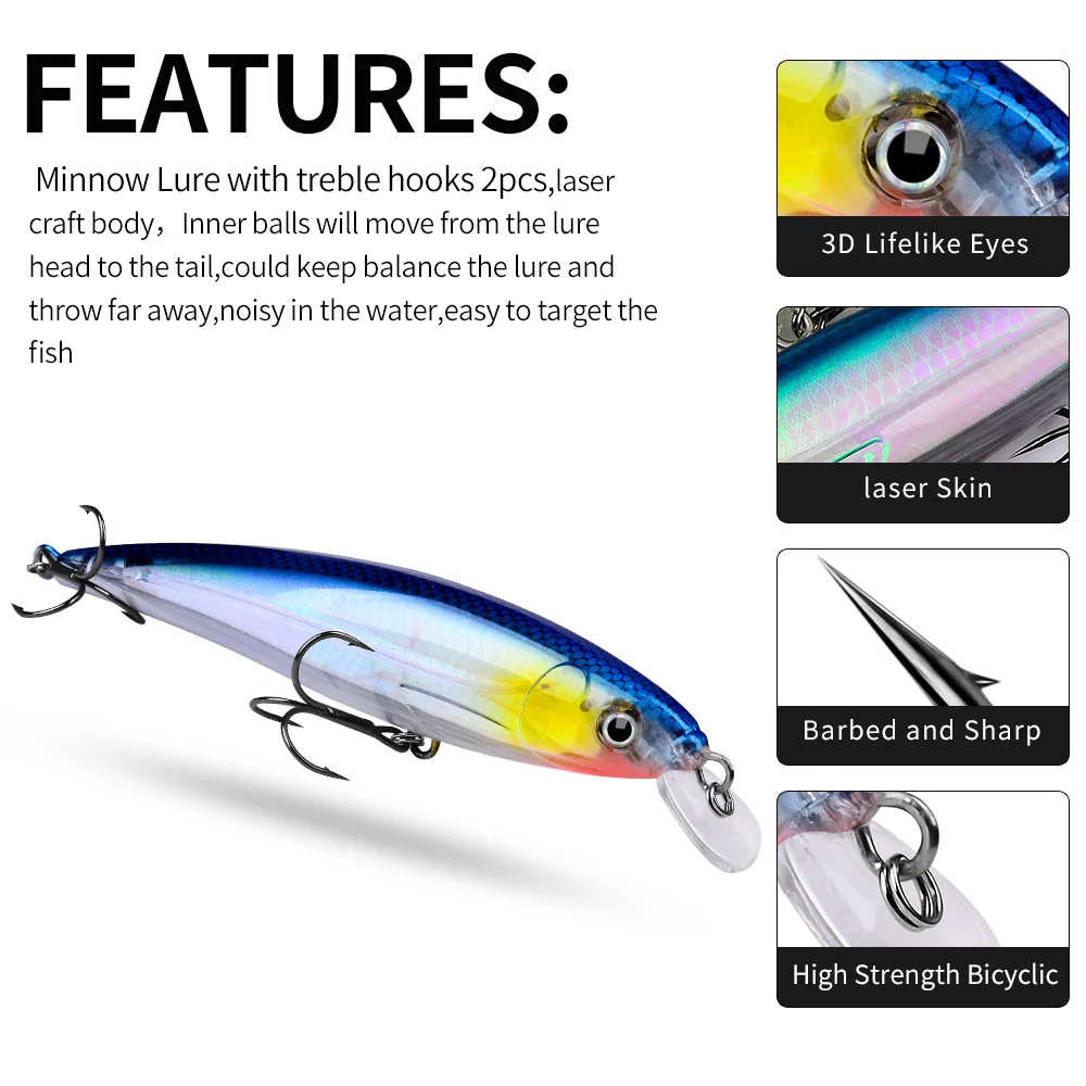 Minnow Lure with treble hooks 2pcs,lasercraft body, Inner balls will move from the lurehead to the tail,could keep balance the lure andthrow far away,noisy in the water,easy to target thefish