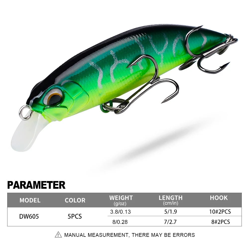 Specifications chart for the DW605 fishing lure, showing color, weight, length, and hook details.