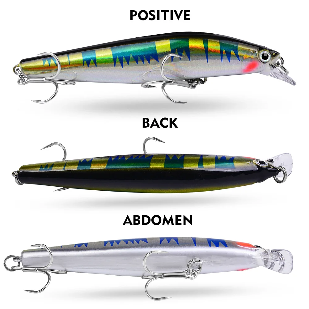Positive, back, and abdomen views of Minnow Lure in detail