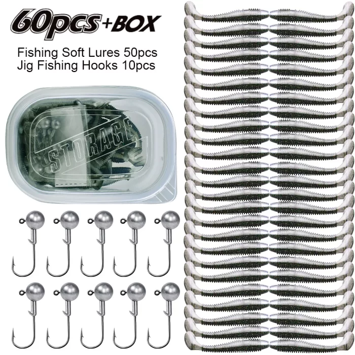 Soft Plastic Lure and Hook Kit - 60 Pieces with Storage Box, Perfect Fishing Gear Accessories - Image 9