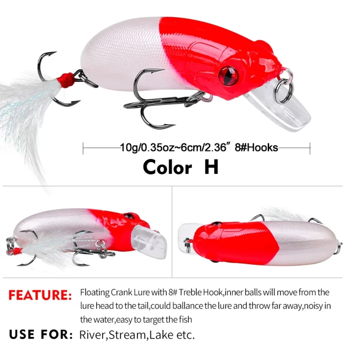 Red and white floating crankbait lure with 8# treble hook, ideal for river, lake, and stream fishing.