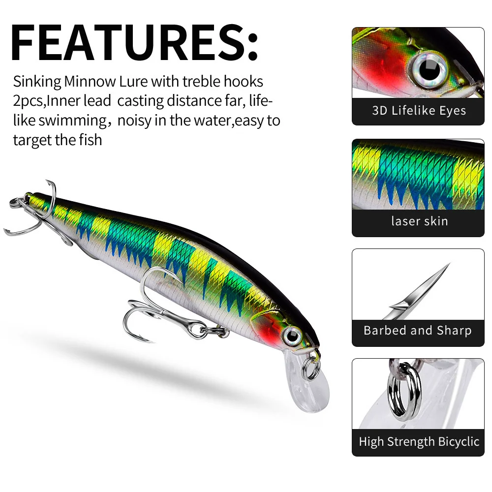 Sinking minnow lure features, including 3D eyes, laser skin, sharp hooks, and strong components.