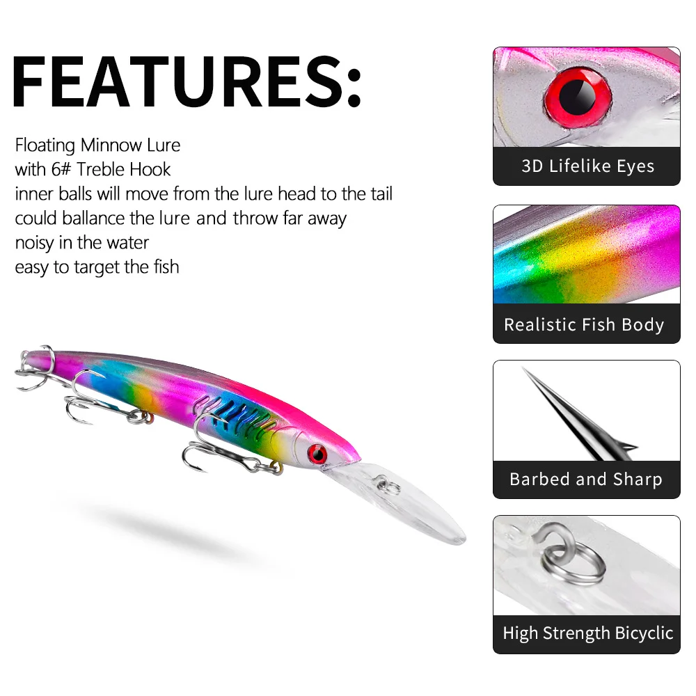 Detailed feature highlights of the lure, including 3D eyes, internal ball bearings, and realistic body design.