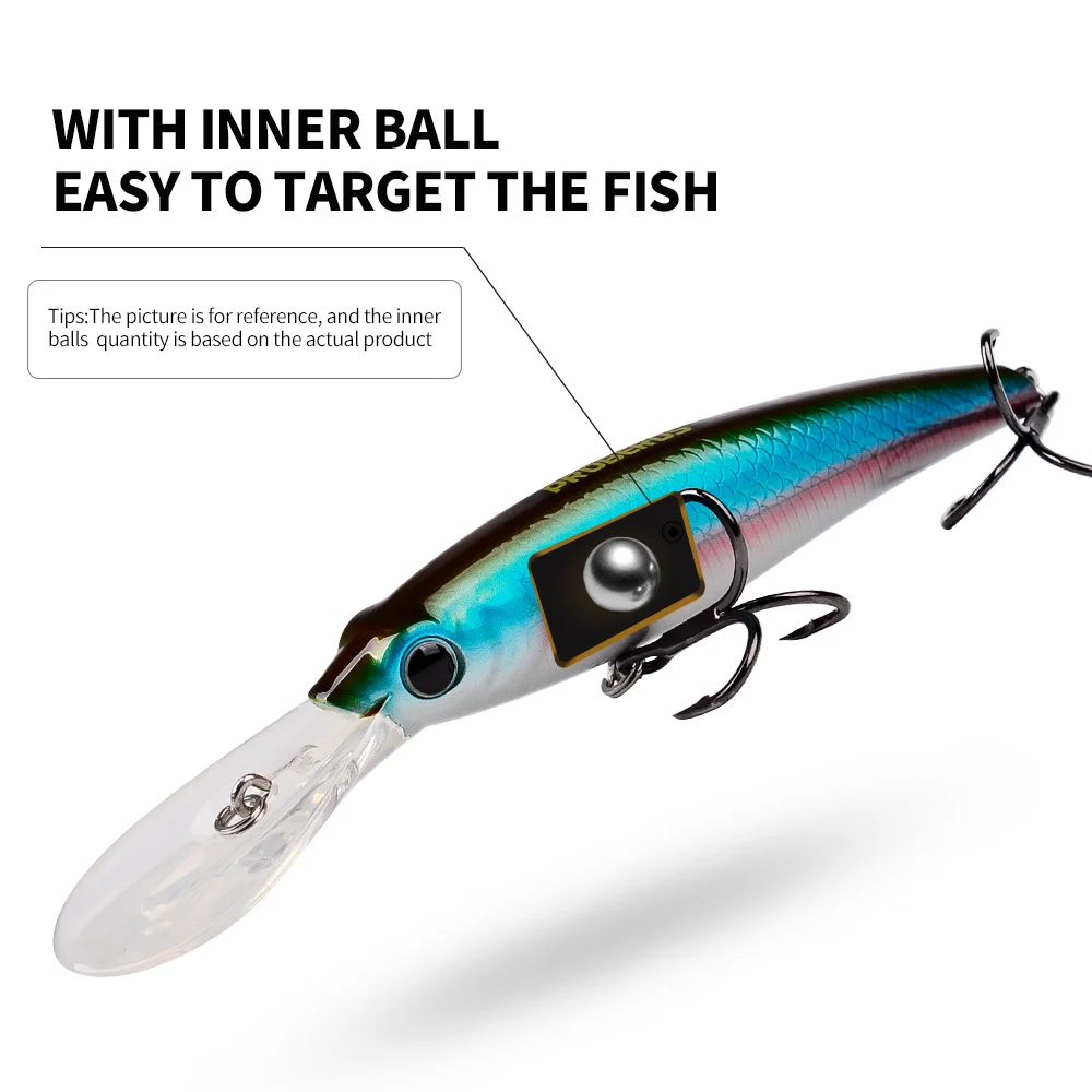 Five color variations (A–E) of the PROBEROS DW612 sinking minnow lure arranged for comparison.