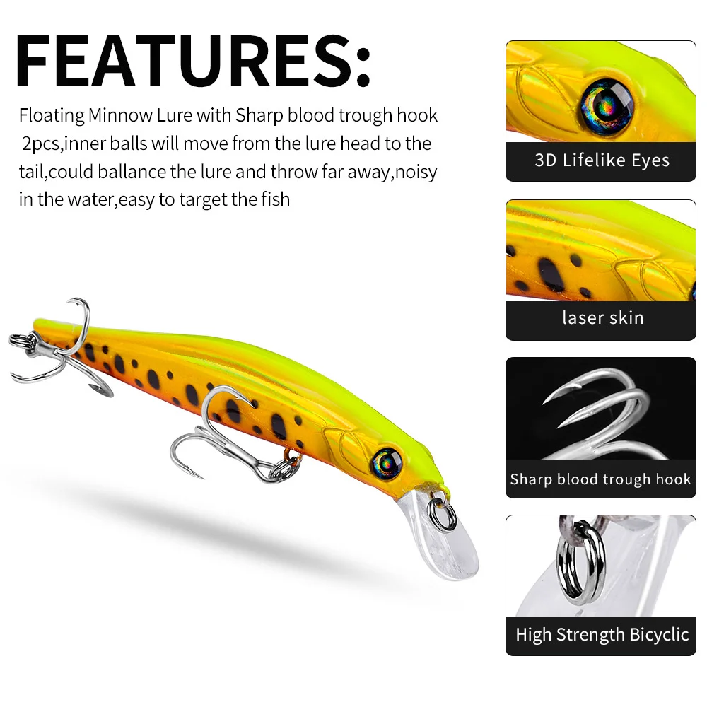 Product features including sharp hook, inner ball, laser skin, 3D eyes