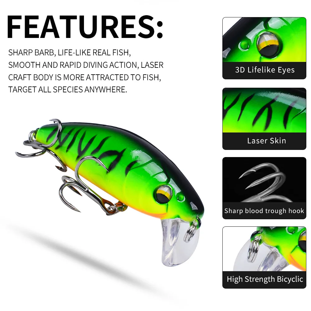Green and yellow laser minnow lure with barbed treble hook and lifelike eye