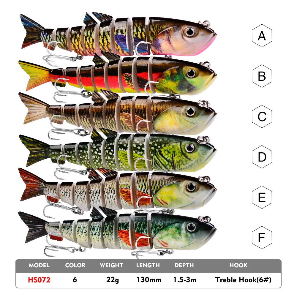 Color comparison chart of HS072 lures with 7 color options labeled A to G