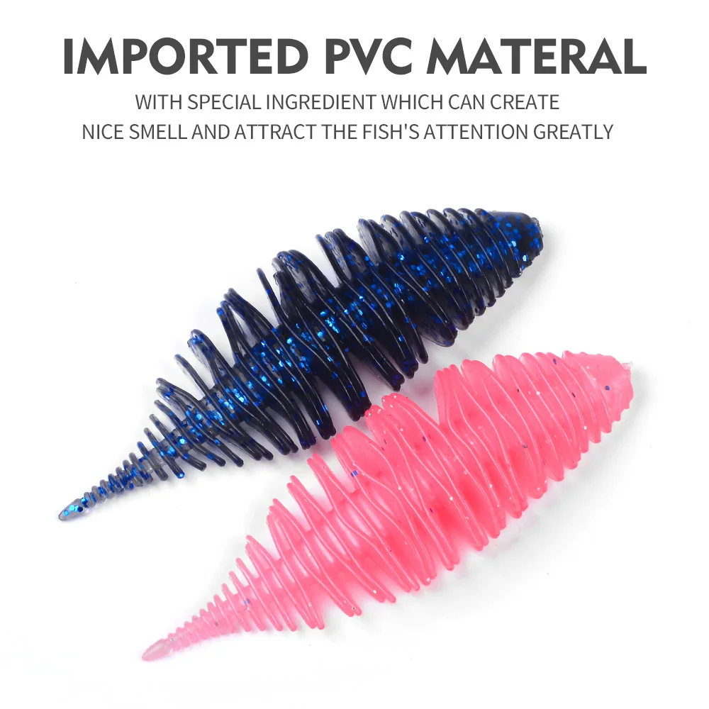 Pink and dark blue soft baits highlighting imported flexible PVC material