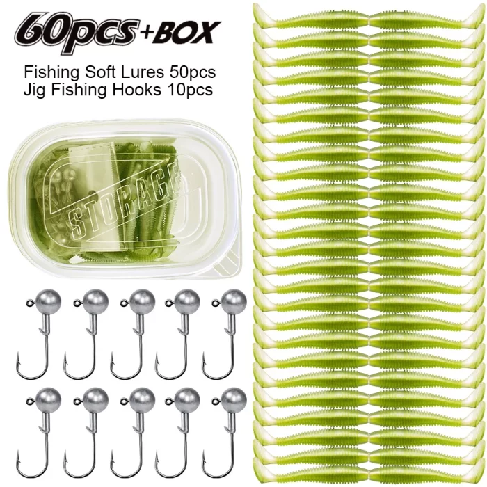 Soft Plastic Lure and Hook Kit - 60 Pieces with Storage Box, Perfect Fishing Gear Accessories - Image 10