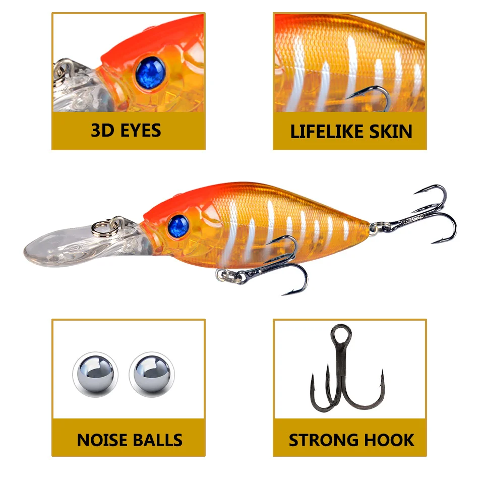 Display of the lure's strong hooks and noise ball feature