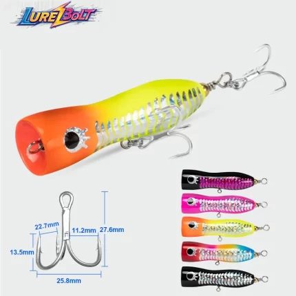 Explosive Long Casting Treble Hook Wooden Popper Lure for Surface Saltwater Fishing