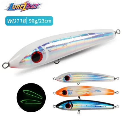Luminous Floating Wooden Lure – 90g 23cm Long Casting Popper for Tuna & GT