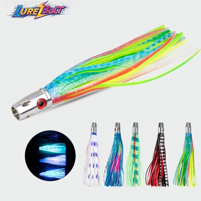 Multicolor Luminous Metal Head Skirted Squid Fishing Lure Bait for Saltwater and Big Game