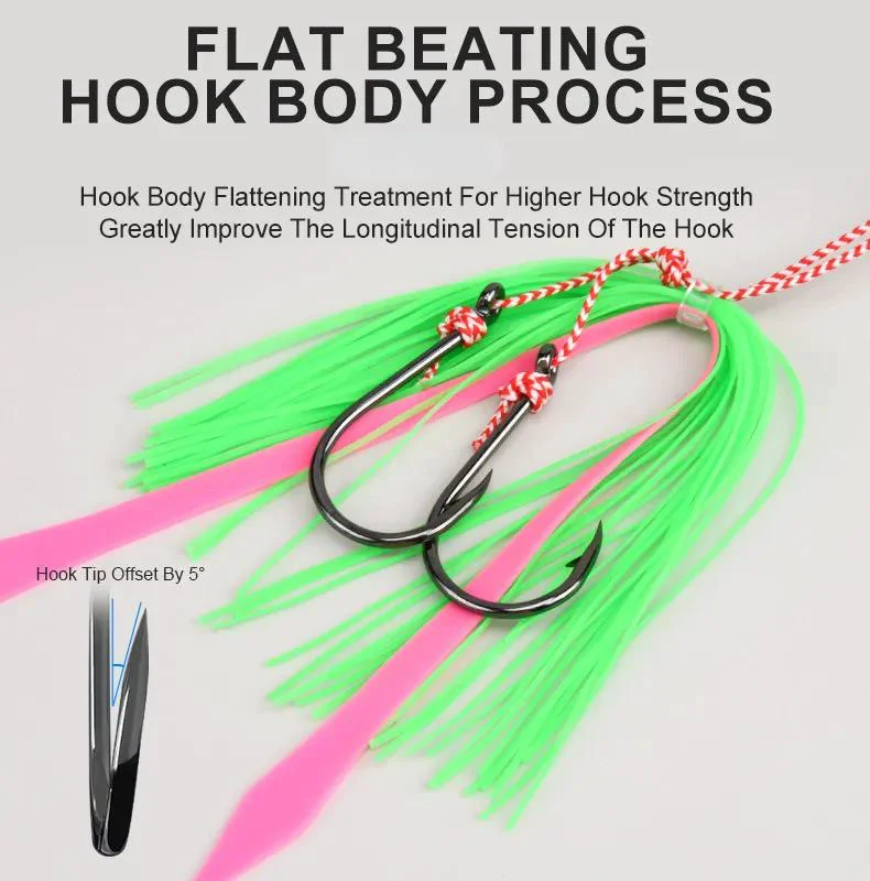 Close-up of flat beating hook body with silicone skirts and twin hooks